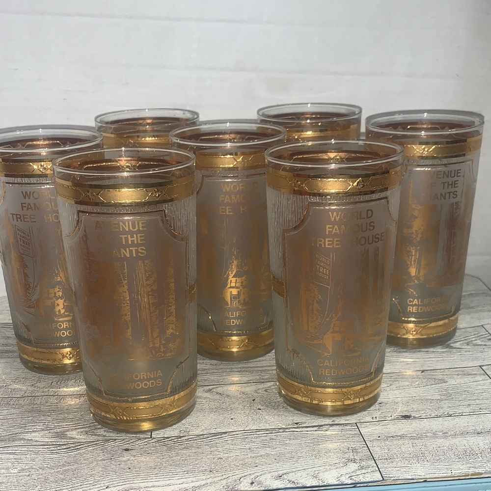 Set of 7 Culver High Ball Glasses Ave Of Giants / CA Redwoods 22k Gold
